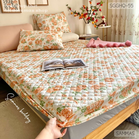 Set Ga Gối Cotton Hàn Quốc Chần Bông - Hoa Hồng Cam - SGGHQ-055