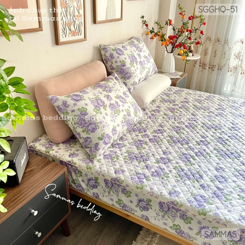 Set Ga Gối Cotton Hàn Quốc Chần Bông -Hoa Hồng Tím- SGGHQ-051