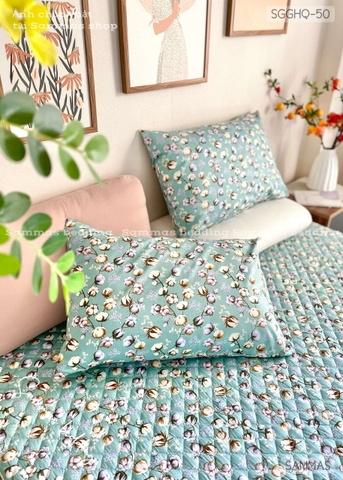 Set Ga Gối Cotton Hàn Quốc Chần Bông -Hoa Bông Xanh Ngọc- SGGHQ-050