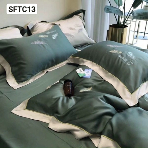 Bộ chăn ga tencel cao cấp - Diawn lông vũ nền xanh rêu - SFTC13