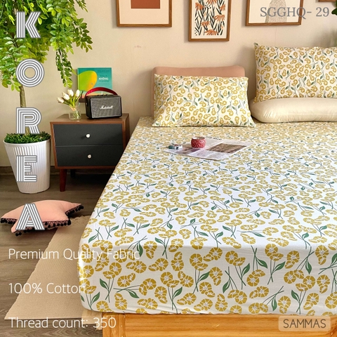 Set Ga Gối Cotton Hàn - Hoa Vàng Nền Kem - SGGHQ-29