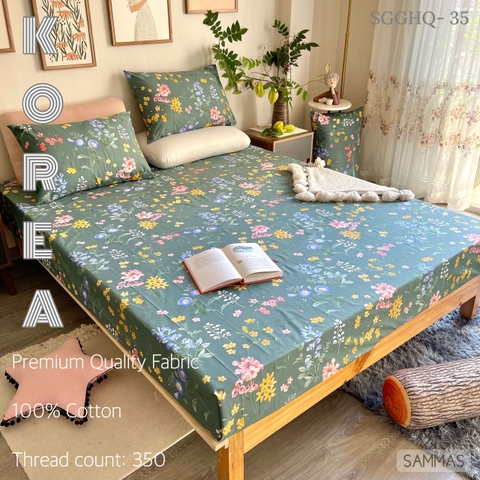 Set Ga Gối Cotton Hàn - Trăm Hoa Khoe Sắc  (Xanh)- SGGHQ-35