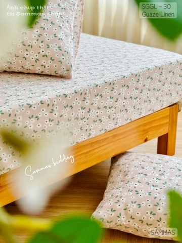 Set ga gối Linen - Hoa nhí trắng nền hồng - SGGL30