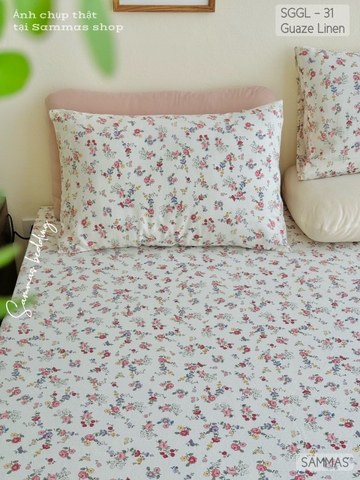 Set ga gối Linen - Hoa nhí hồng nền trắng - SGGL31