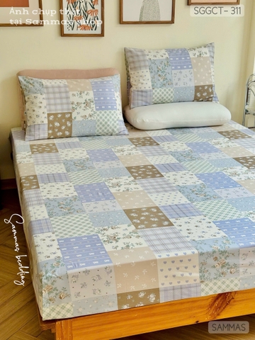 Set ga gối cotton - Quilt nơ xanh - SGGCT311