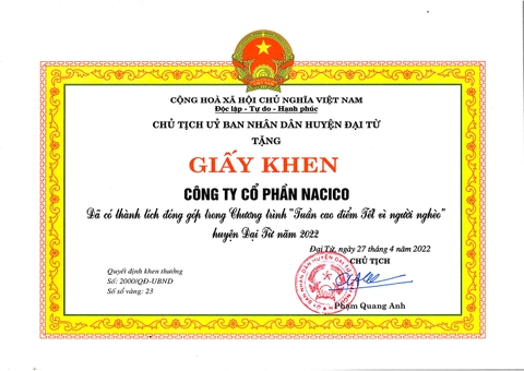 UBND HUYỆN ĐẠI TỪ THÁI NGUYÊN KHEN THƯỞNG