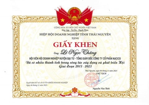 HIỆP HỘI DOANH NGHIỆP TỈNH THÁI NGUYÊN KHEN THƯỞNG