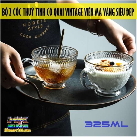 BỘ 2 CỐC THUỶ TINH CÓ QUAI VINTAGE VIỀN MẠ VÀNG SIÊU ĐẸP (325ML)