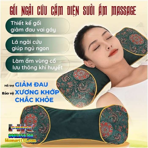 GỐI NGẢI CỨU CẮM ĐIỆN SƯỞI ẤM MASSAGE GIÚP GIẢM ĐAU CỔ VAI GÁY THẢO DƯỢC HƯƠNG THƠM DỄ CHỊU