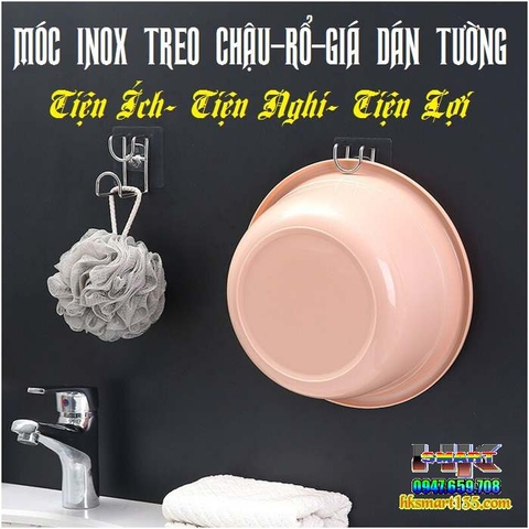 SET 3 MÓC INOX TREO THAU CHẬU RỔ GIÁ DÁN TƯỜNG ĐA NĂNG