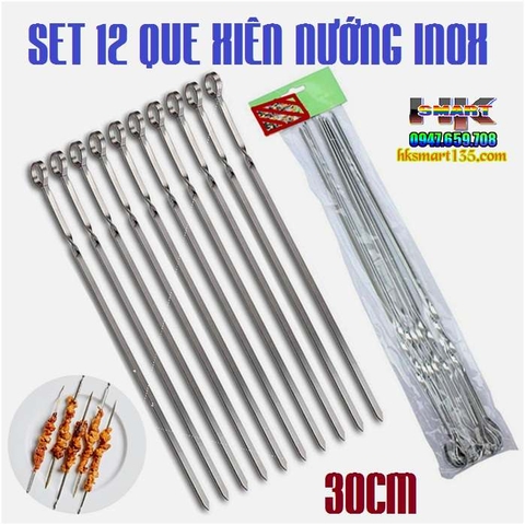 SET 12 QUE XIÊN NƯỚNG 30CM INOX DẸT CÁN MÓC