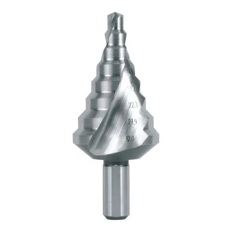 Mũi khoan bước RUKO 101057 HSS 6–32 mm với 8 bậc khoan, rãnh xoắn và chuôi 10 mm