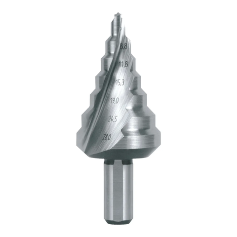 Mũi khoan bước RUKO 101058 HSS 5–28 mm với 7 bậc khoan, rãnh xoắn và chuôi 10 mm