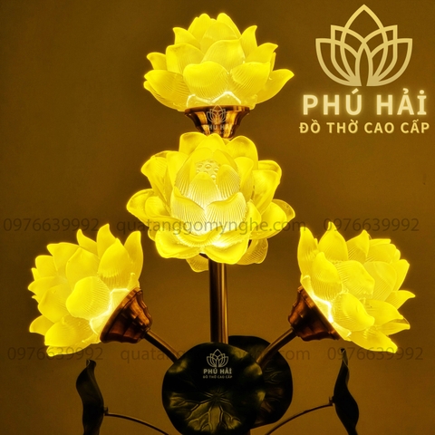 Đôi Đèn Thờ Hoa Sen 5 Bông Lưu Ly Chân Thấp Cao 56 Cm HCM