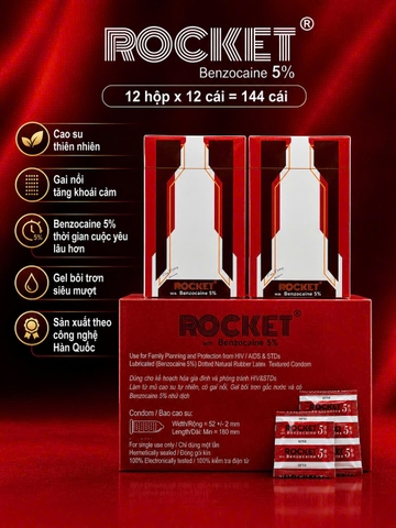 Bao cao su Rocket Hộp 12 chiếc (gai nổi + 5% benzocaine nhũ dịch)