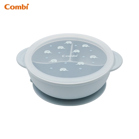 Khay ăn dặm Combi silicone platinum kèm nắp - họa tiết Voi xanh