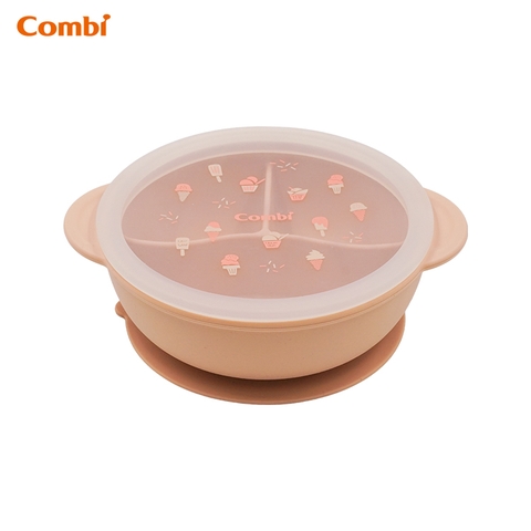 Khay ăn dặm Combi silicone platinum kèm nắp - họa tiết Kem hồng