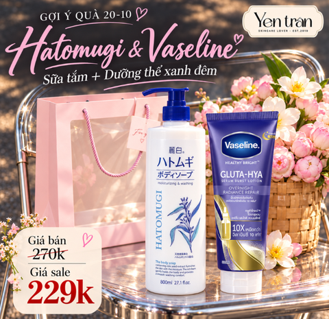 Combo Sữa Tắm Hatomugi+Dưỡng Thể Vaseline Xanh Đêm