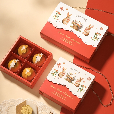 Hộp trung thu mini 4 bánh, 6 bánh 50-75g Thỏ đỏ mẫu 2025