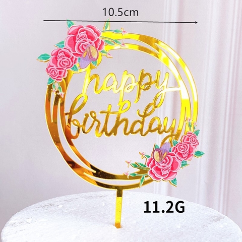 Que cắm mica Happy birthday mẫu vòng hoa trang trí bánh