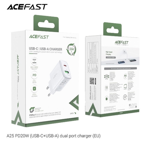 Sạc ACEFAST PD3.0 20W 2 cổng USB-C+USB-A (EU) - A25