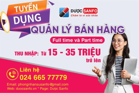 TUYỂN DỤNG QUẢN LÝ BÁN HÀNG, OTC, ETC FULL TIME, PART TIME TOÀN QUỐC ( NGÀNH DƯỢC PHẨM)