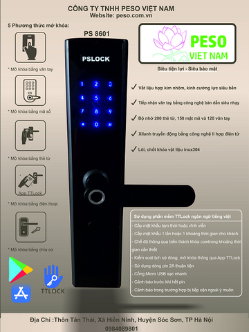 Khoá cửa vân tay chống trộm thông minh PsLock