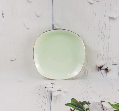 Đĩa Vuông 20x20 cm Xanh Ngọc Chỉ Vàng Kim