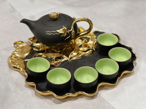 Bộ ấm chén đất đỏ khay sen dát điểm - TSDD3