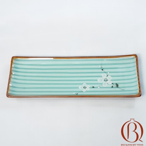 Khay Chữ Nhật 31x21 cm Men Xanh Ngọc Vẽ Hoa Đào