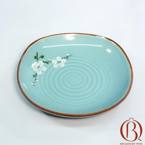 Đĩa Vuông Sâu 25x25 cm Men Xanh Ngọc Vẽ Hoa Đào