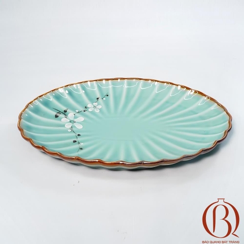 Đĩa Bầu Dục 31x21 cm Men Xanh Ngọc Vẽ Hoa Đào