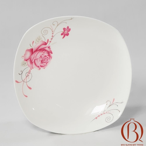 Đĩa Vuông Nông 22.5x22.5 cm cm Men Kem Hoa Hồng