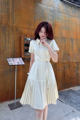 D0226 - Đầm Sơ mi diễu mí tùng xếp ply màu kem sữa