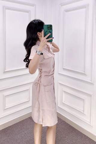 Đầm sơ mi sọc phối tay ngắn rút dây eo - D0236