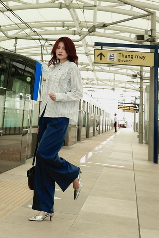 Q0332 - Quần ống rộng xếp ply xanh