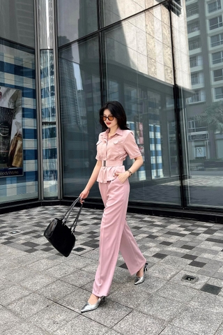 Áo sơ mi phối sọc tay ngắn 2 túi đắp trước màu hồng ruốt - A0781