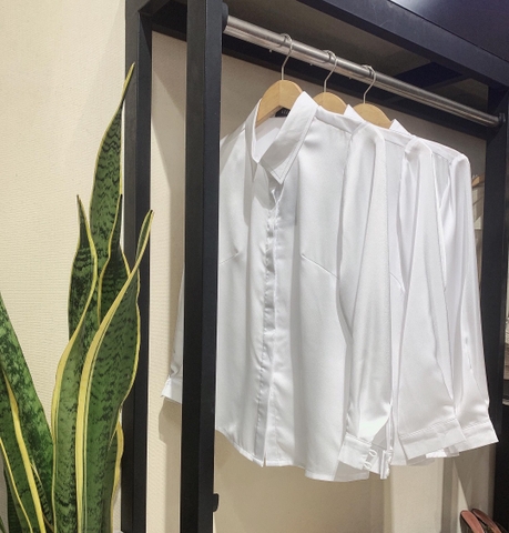 Áo Sơ mi lụa Satin trắng tay dài - A0596