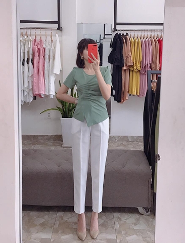 A0307 - Áo Xanh Tay Ngắn Xếp Ly