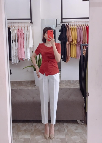 A0306 - Áo Cam Tay Ngắn Eo Xếp Ly
