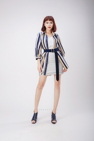 D0155 - Đầm Sơ-mi Sọc Xanh Trắng+Belt