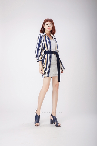 D0155 - Đầm Sơ-mi Sọc Xanh Trắng+Belt