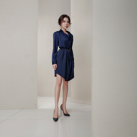 D0186 - Đầm Xanh Suông Cổ Đổ + Belt