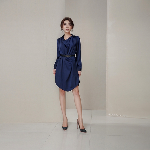 D0186 - Đầm Xanh Suông Cổ Đổ + Belt