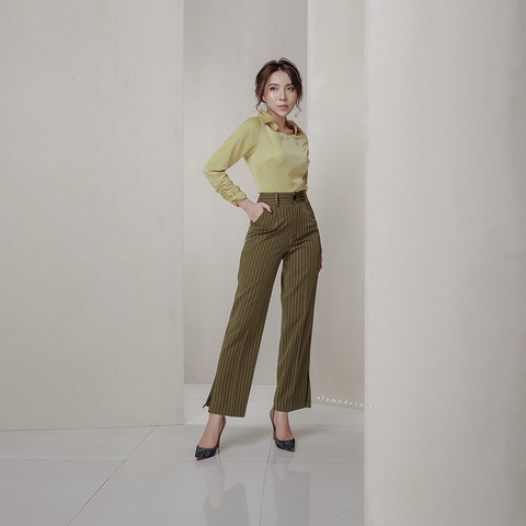 Q0116 - Quần suông xanh rêu xẻ
