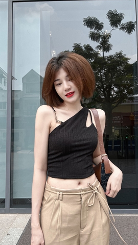 Áo hai dây Crop cổ chéo thun gân - A0612