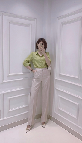 Áo Sơ mi Lụa Gold tay dài màu xanh bơ - A0604