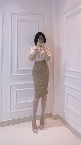 Áo sơ mi cổ cột nơ tay phồng ngắn - A0499