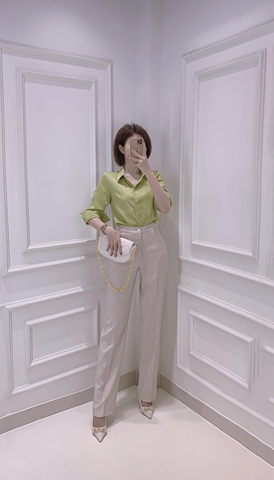 Áo Sơ mi Lụa Gold tay dài màu xanh bơ - A0604