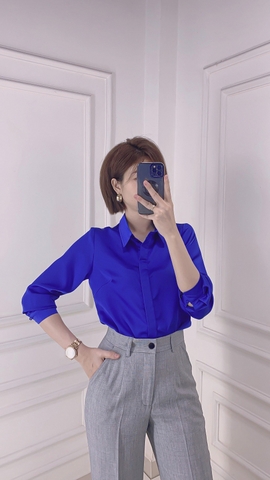 Áo Sơ mi lụa Satin Xanh tay dài - A0597